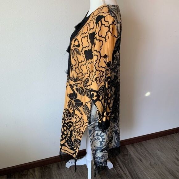 Women's Handmade Indian Kurta Sequined Tasseled Fringe Hem Golden Yellow Black - Picture 8 of 12